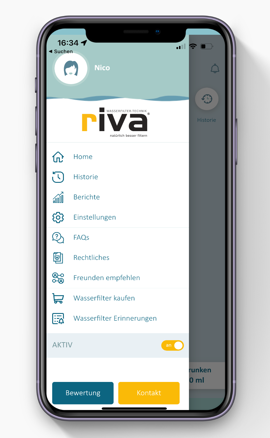 rivaAPP Gesundheits- und Wassermanager Hauptmenü