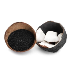 Ein Bild mit einer aufgeschnittenen Kokusnuss, die in zwei Hälften geteilt ist. Aus den Kokosfasern werden Aktivkohlefilter hergestellt wie z.B. die Wasserfilter der Firma riva Systemtechnik